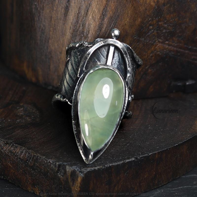 Mix Metal Brutalist Style Ring Prehnite Artisan Jewelry Sterling Silver and Silver Plated Brass Gothic Hammered Witchy Statement Ring