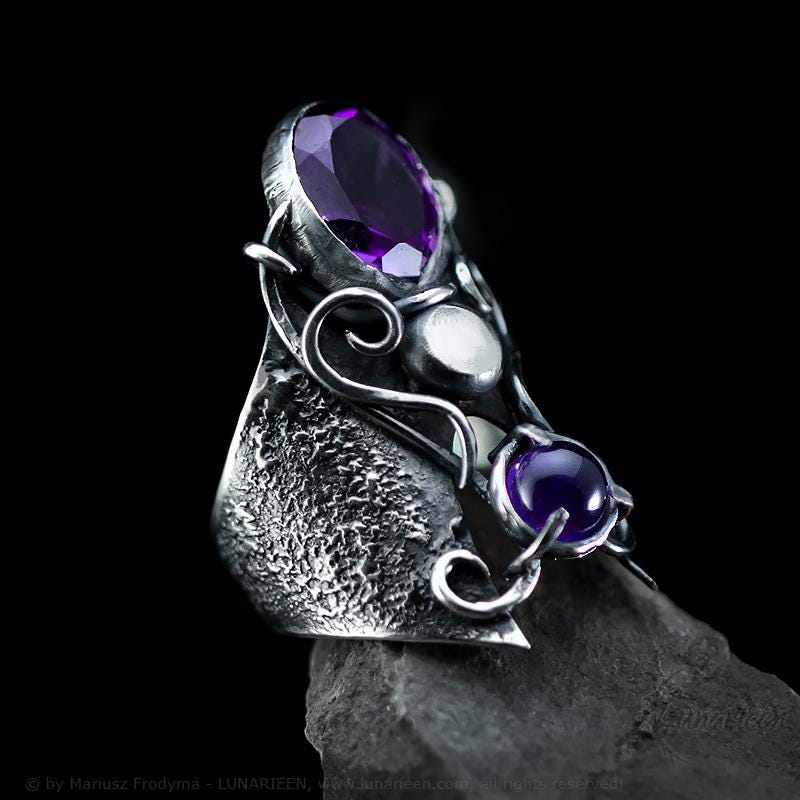 Handcrafted Rustic Gothic Ring Textured Natural Purple Amethyst Oxidized Sterling Silver Brutalist Trendy Jewelry Unique Statement Ring