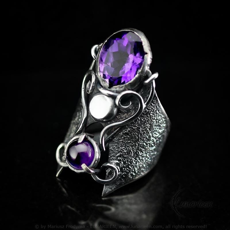Handcrafted Oxidized Sterling Silver Amethyst Ring: Gothic Brutalist Jewelry