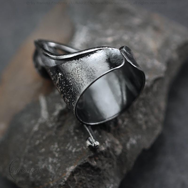 Handcrafted Rustic Brutalist Ring Textured Modern Faceted Rainbow Moonstone Oxidized Sterling Silver Gothic Jewelry Unique Statement Ring