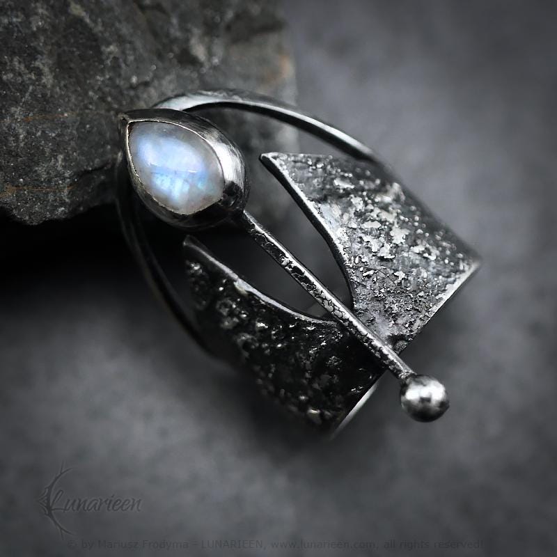 Handcrafted Rustic Brutalist Ring Textured Modern Faceted Rainbow Moonstone Oxidized Sterling Silver Gothic Jewelry Unique Statement Ring