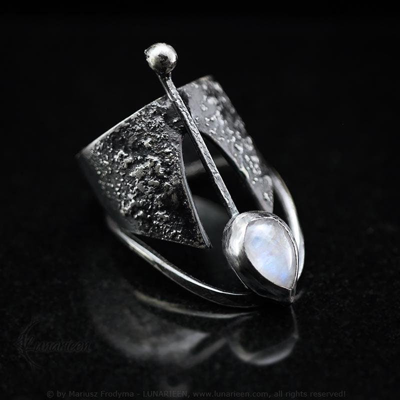 Handcrafted Rustic Brutalist Ring Textured Modern Faceted Rainbow Moonstone Oxidized Sterling Silver Gothic Jewelry Unique Statement Ring