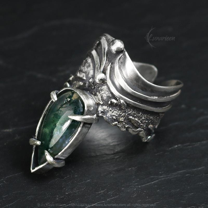 Handcrafted Sterling Silver Ring with Moss Agate Artisan Textured Modern Jewelry Gothic Witchy Hammered Trendy Unique Statement Ring