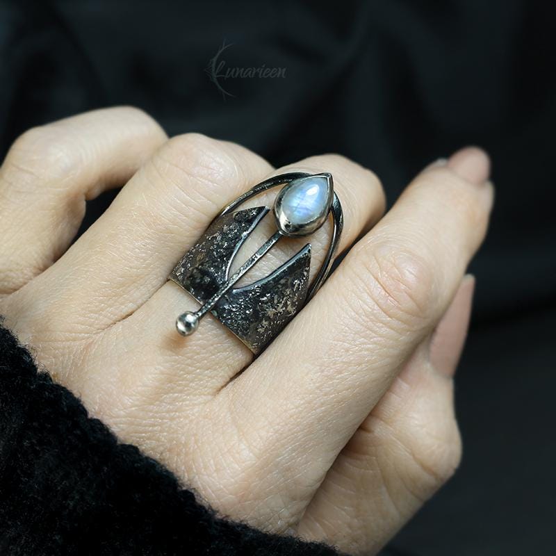 Handcrafted Rustic Brutalist Ring Textured Modern Faceted Rainbow Moonstone Oxidized Sterling Silver Gothic Jewelry Unique Statement Ring