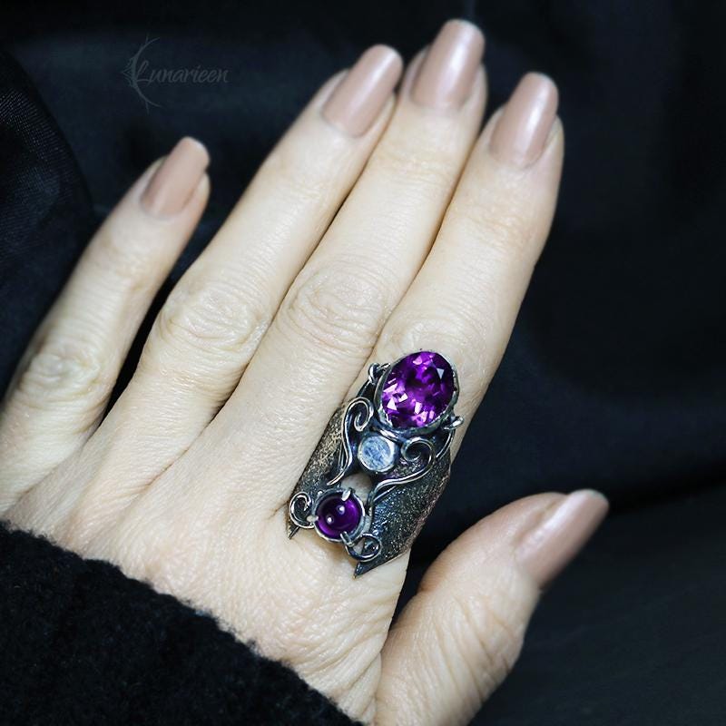 Handcrafted Rustic Gothic Ring Textured Natural Purple Amethyst Oxidized Sterling Silver Brutalist Trendy Jewelry Unique Statement Ring