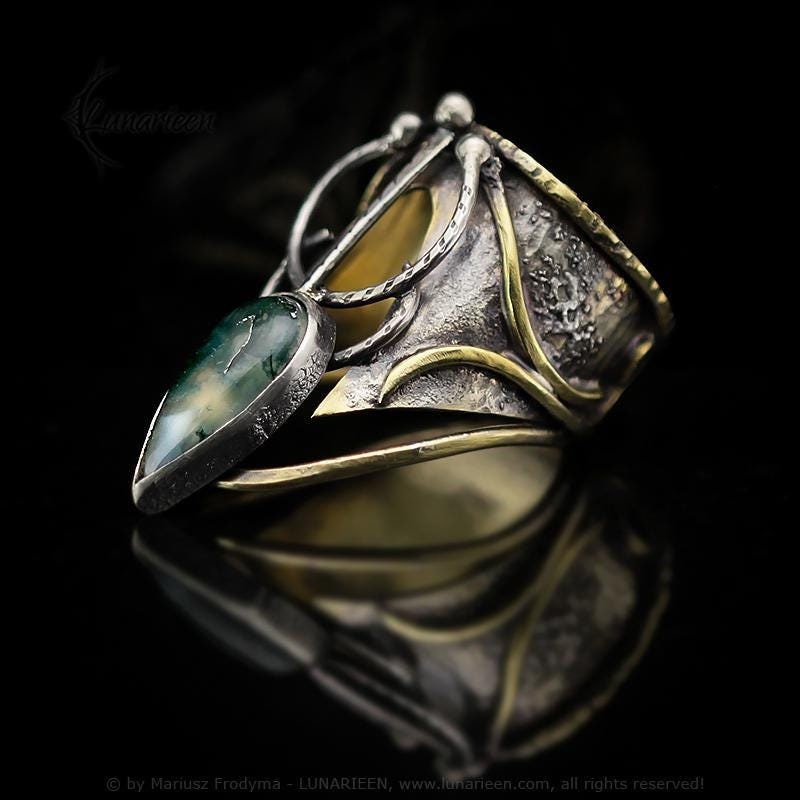 Handcrafted Rustic Brutalist Artisan Textured Modern Faceted Moss Agate Oxidized Silver Brass Gothic Hammered Trendy Jewelry Unique Ring