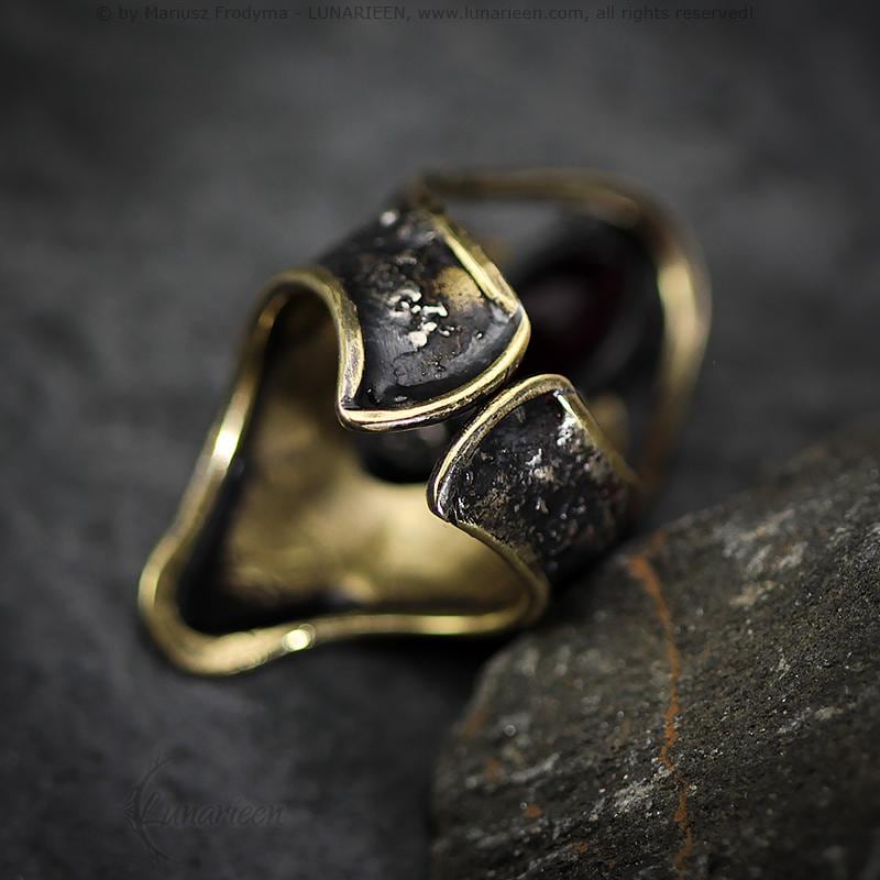 Handcrafted Rustic Brutalist Artisan Textured Modern Faceted Garnet Oxidized Silver Brass Gothic Hammered Trendy Jewelry Unique Ring