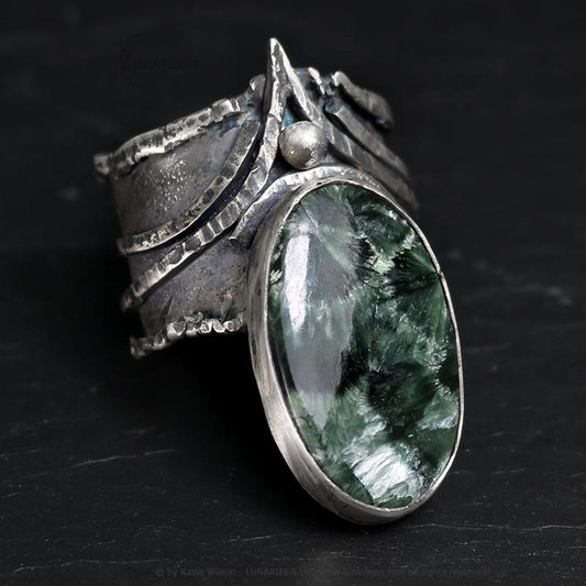 Handcrafted Brutalist Ring Textured Modern Seraphinite Artisan Jewelry Oxidized Sterling Silver Gothic Hammered Trendy Unique Statement Ring