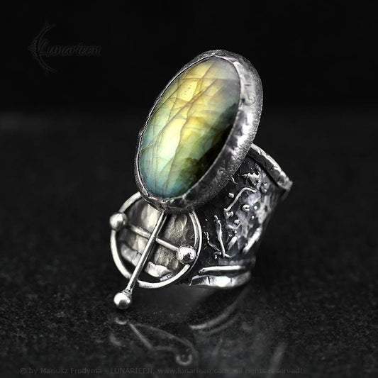 Rustic Hammered Mix Metal Brutalist Style Ring Labradorite Artisan Jewelry Sterling Silver and Silver Plated Brass Gothic Ring Metalsmith