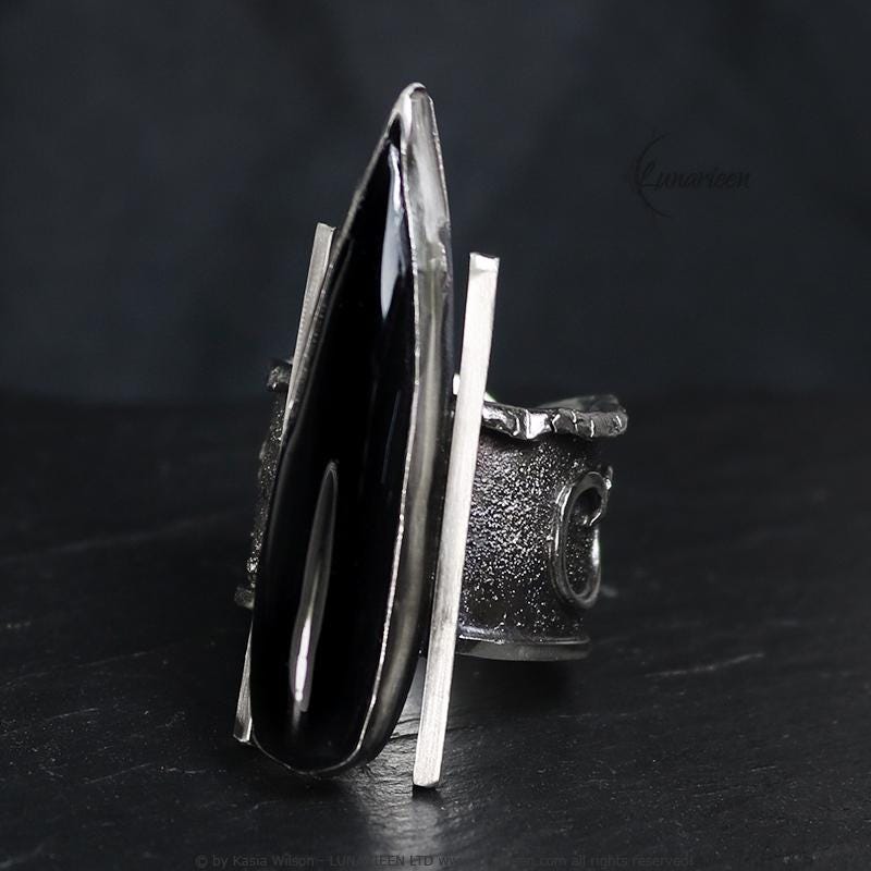 Handcrafted Brutalist Ring Textured Modern Black Onyx Artisan Jewelry Oxidized Sterling Silver Gothic Witchy Trendy Unique Statement Ring