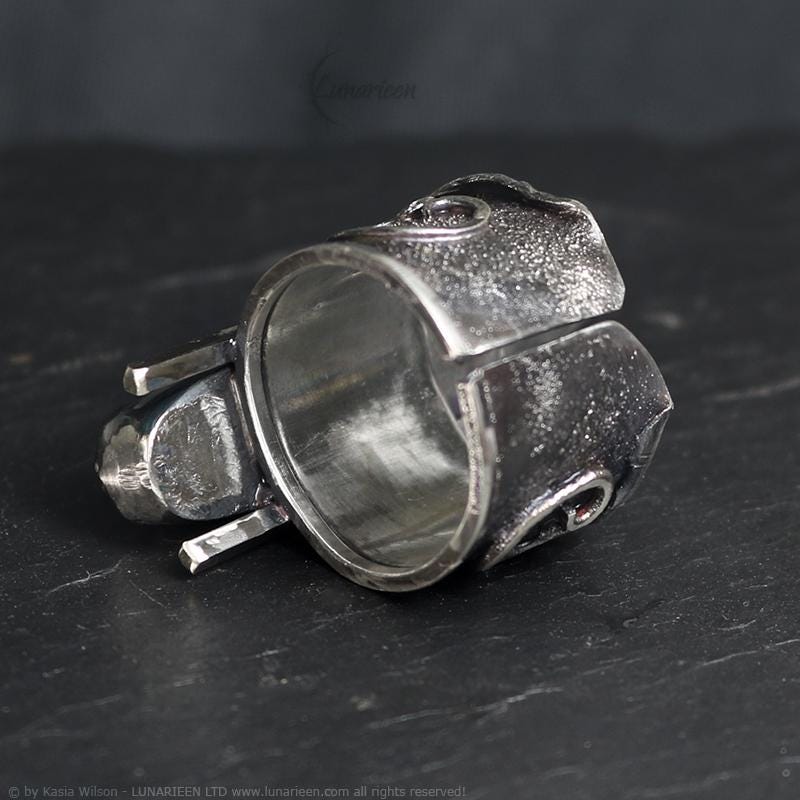 Handcrafted Brutalist Ring Textured Modern Black Onyx Artisan Jewelry Oxidized Sterling Silver Gothic Witchy Trendy Unique Statement Ring