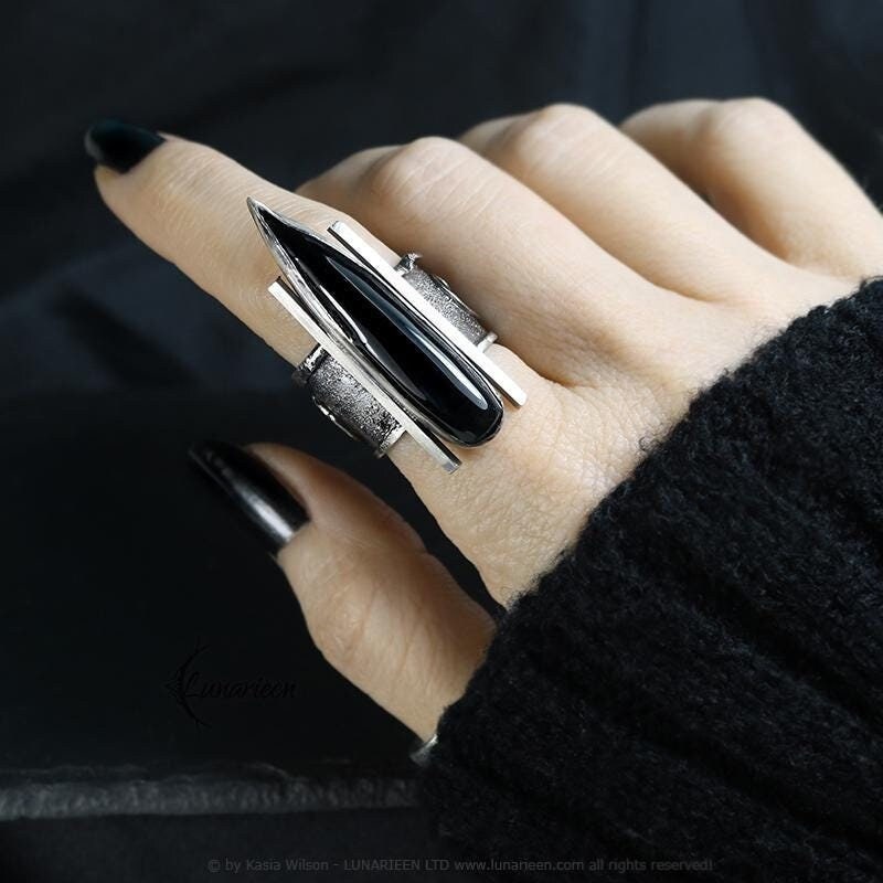 Handcrafted Brutalist Ring Textured Modern Black Onyx Artisan Jewelry Oxidized Sterling Silver Gothic Witchy Trendy Unique Statement Ring