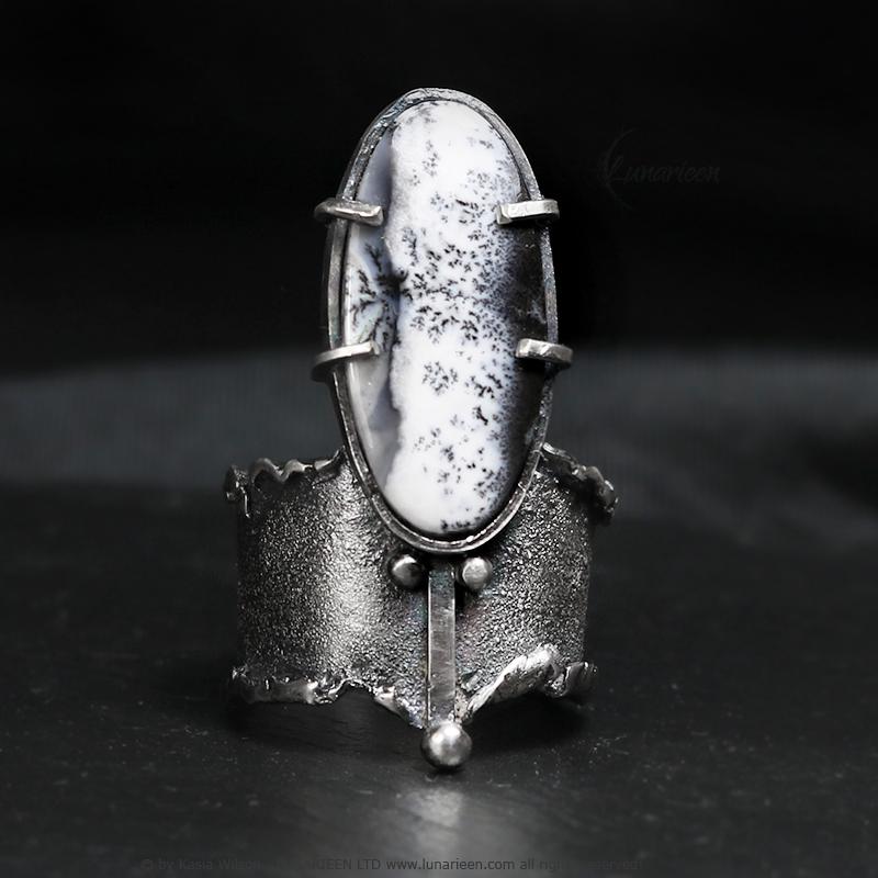 Handcrafted Sterling Silver Ring with Dendritic Opal Artisan Textured Modern Jewelry Gothic Witchy Hammered Trendy Unique Statement Ring