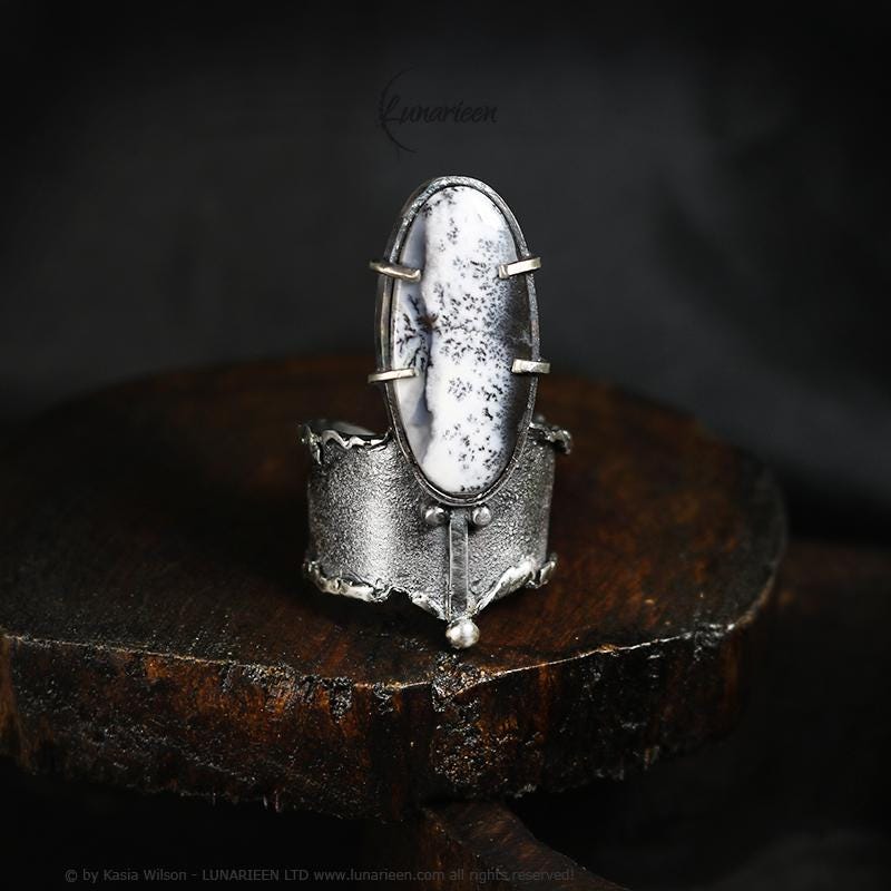 Handcrafted Sterling Silver Ring with Dendritic Opal Artisan Textured Modern Jewelry Gothic Witchy Hammered Trendy Unique Statement Ring