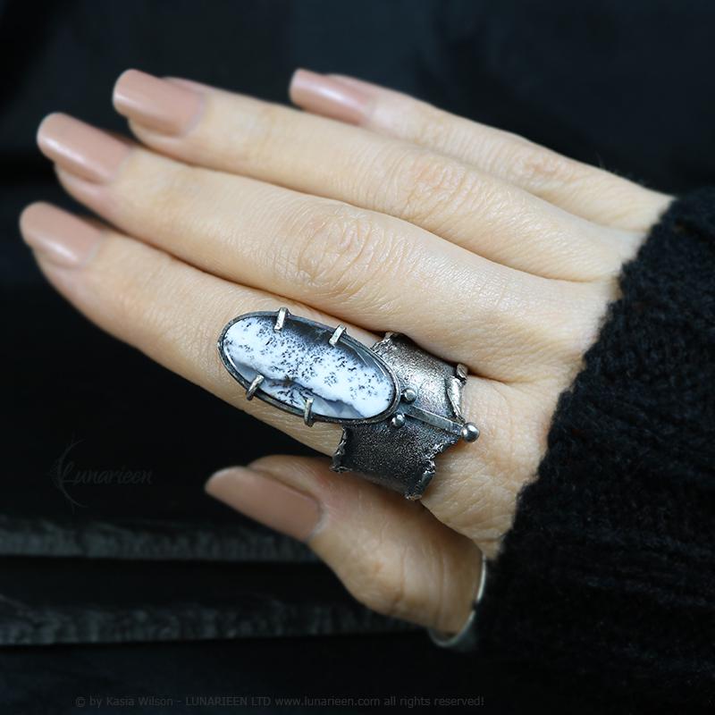 Handcrafted Sterling Silver Ring with Dendritic Opal Artisan Textured Modern Jewelry Gothic Witchy Hammered Trendy Unique Statement Ring