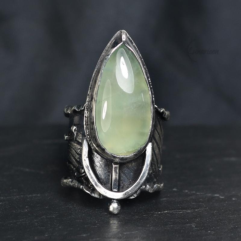 Mix Metal Brutalist Style Ring Prehnite Artisan Jewelry Sterling Silver and Silver Plated Brass Gothic Hammered Witchy Statement Ring