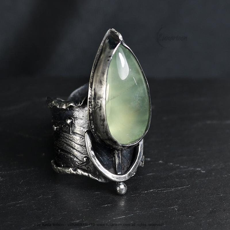 Mix Metal Brutalist Style Ring Prehnite Artisan Jewelry Sterling Silver and Silver Plated Brass Gothic  Hammered Witchy Statement Ring