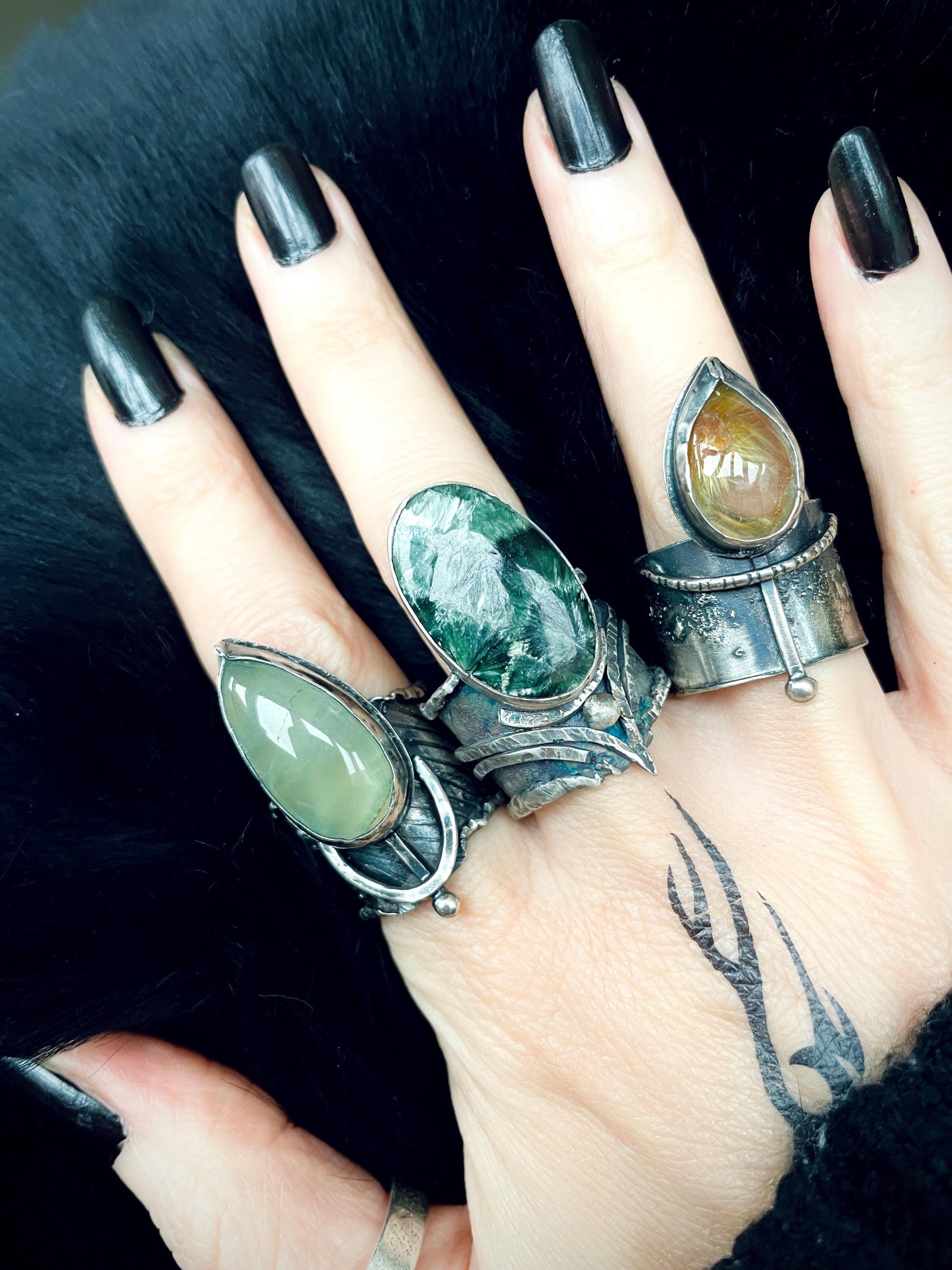 Mix Metal Brutalist Style Ring Prehnite Artisan Jewelry Sterling Silver and Silver Plated Brass Gothic Hammered Witchy Statement Ring