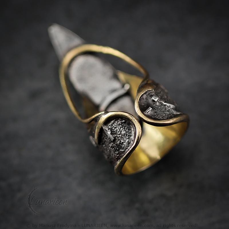 Handcrafted Rustic Brutalist Artisan Textured Modern Faceted Black Onyx Oxidized Silver Brass Gothic Hammered Trendy Jewelry Unique Ring