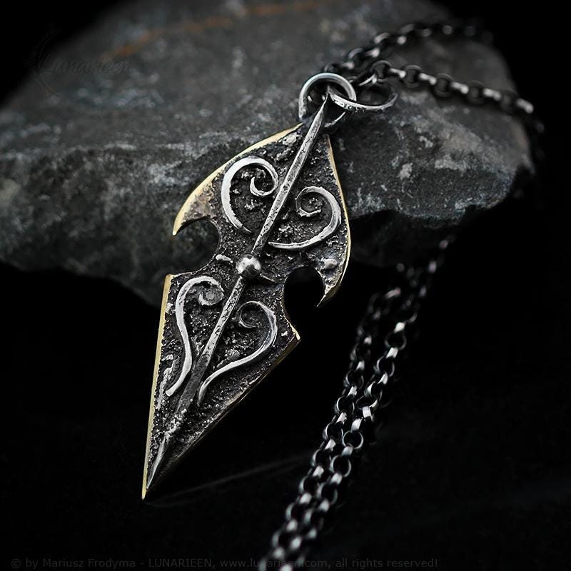 Handcrafted Rustic Hammered Melted Sterling Silver Filled Brass Gothic Brutalist Rugged Oxidized Fancy Shape Arrowhead Shield Unique Pendant