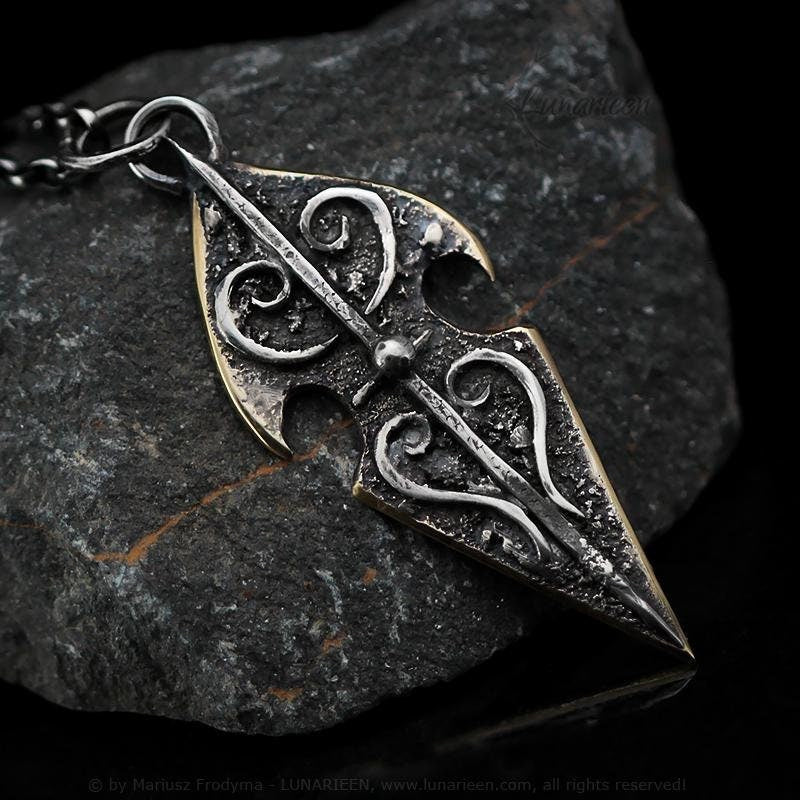 Handcrafted Rustic Hammered Melted Sterling Silver Filled Brass Gothic Brutalist Rugged Oxidized Fancy Shape Arrowhead Shield Unique Pendant