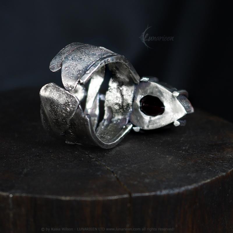 Handcrafted Brutalist Ring Textured Modern Vampire Artisan Jewelry Oxidized Sterling Silver Gothic Witchy Trendy Unique Statement Topaz Ring