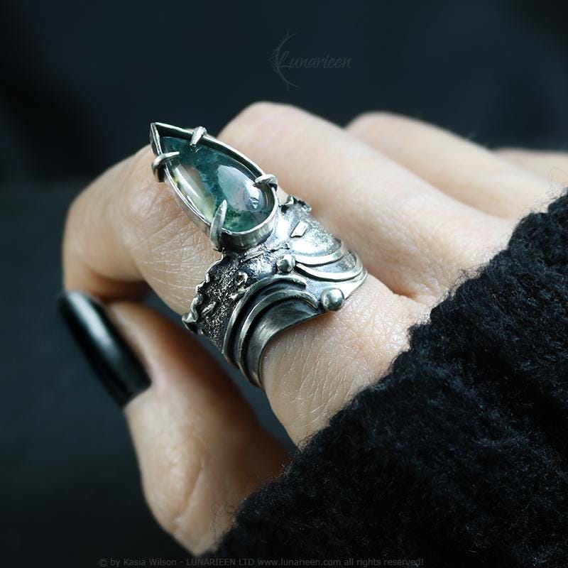 Handcrafted Sterling Silver Ring with Moss Agate Artisan Textured Modern Jewelry Gothic Witchy Hammered Trendy Unique Statement Ring