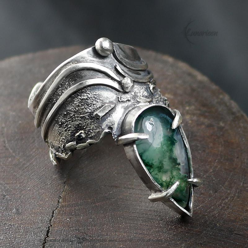 Handcrafted Sterling Silver Ring with Moss Agate Artisan Textured Modern Jewelry Gothic Witchy Hammered Trendy Unique Statement Ring