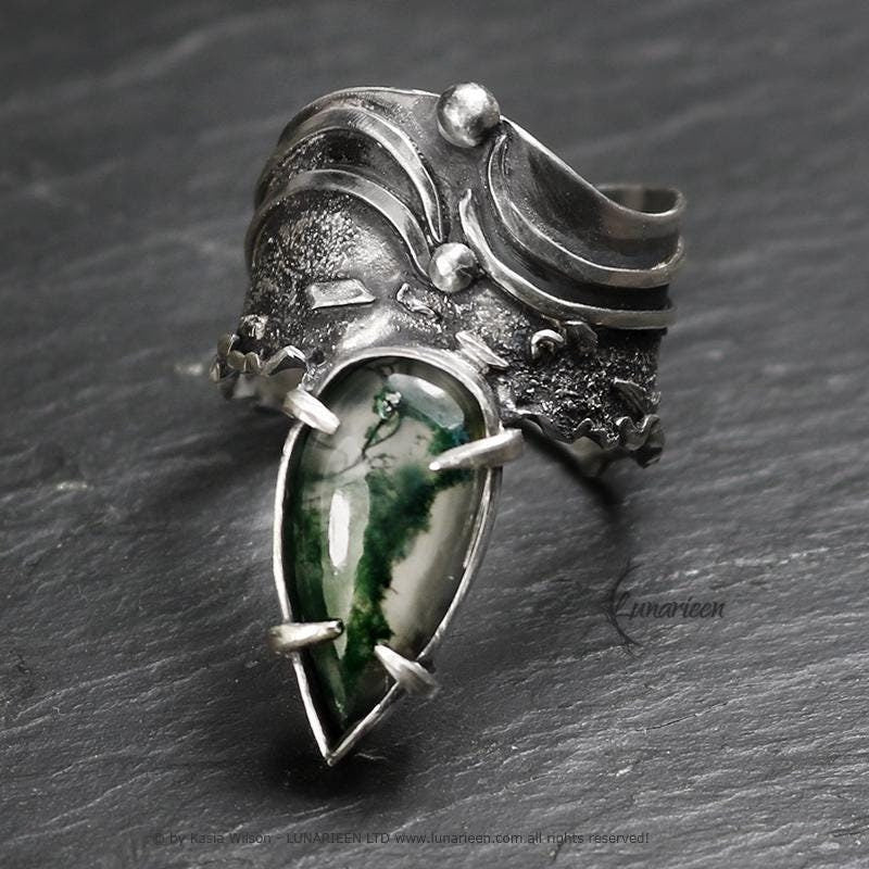 Handcrafted Sterling Silver Ring with Moss Agate Artisan Textured Modern Jewelry Gothic Witchy Hammered Trendy Unique Statement Ring