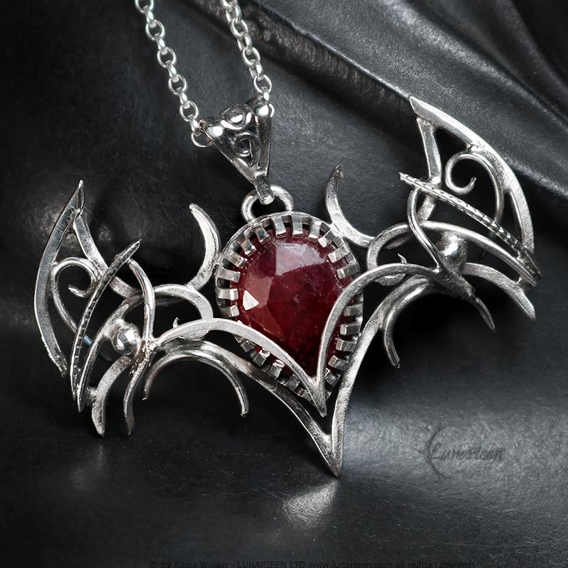 Sterling Silver Vampire Bat Gothic necklace with Ruby Pendant alternative artisan jewellery unique gift fantasy witchy jewelry for vamp