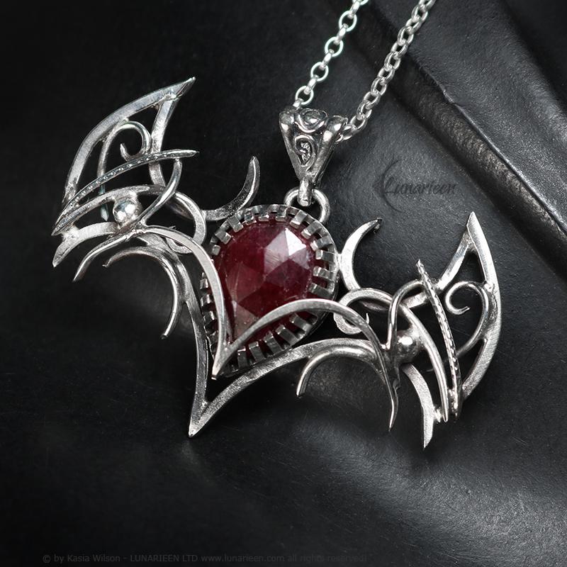 Sterling Silver Vampire Bat Gothic necklace with Ruby Pendant alternative artisan jewellery unique gift fantasy witchy jewelry for vamp