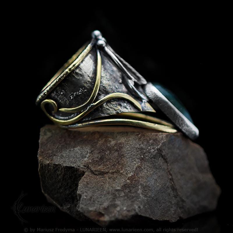 Handcrafted Rustic Brutalist Artisan Textured Modern Faceted Moss Agate Oxidized Silver Brass Gothic Hammered Trendy Jewelry Unique Ring