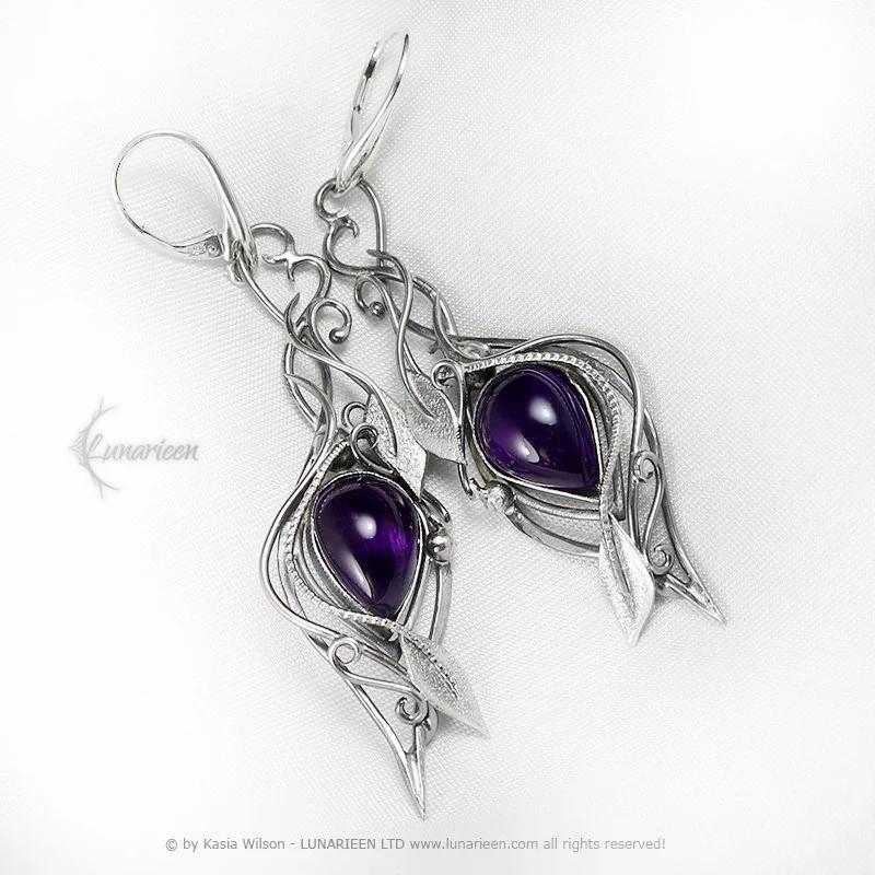 Sterling Silver earrings with Amethyst fantasy Alternative Gothic Vampire witchy jewelry elven jewellery