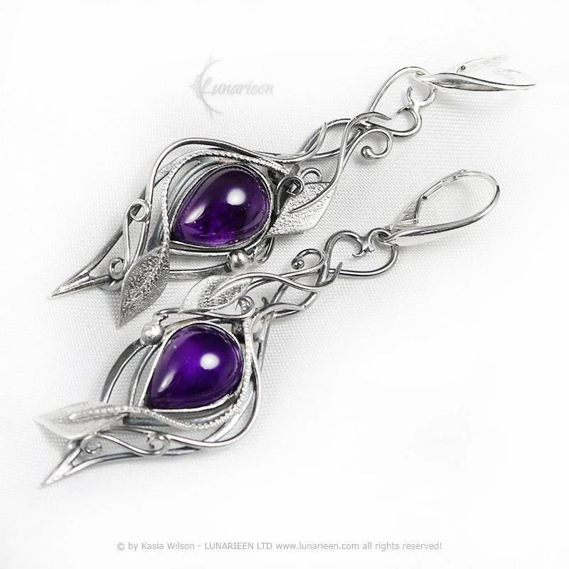 Sterling Silver earrings with Amethyst fantasy Alternative Gothic Vampire witchy jewelry elven jewellery