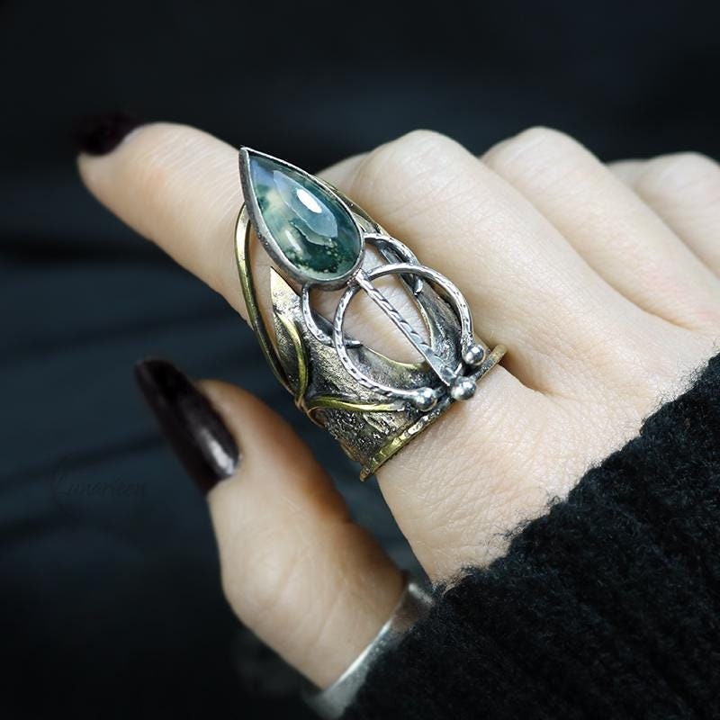 Handcrafted Rustic Brutalist Artisan Textured Modern Faceted Moss Agate Oxidized Silver Brass Gothic Hammered Trendy Jewelry Unique Ring