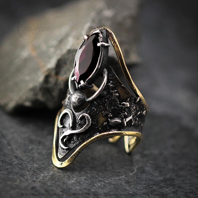 Handcrafted Rustic Brutalist Artisan Textured Modern Faceted Garnet Oxidized Silver Brass Gothic Hammered Trendy Jewelry Unique Ring