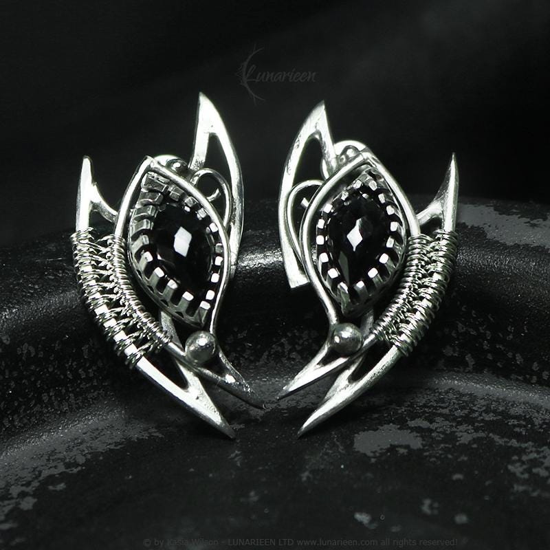 Sterling Silver earrings with Black Spinel fantasy Alternative Gothic Vampire witchy jewelry elven jewellery