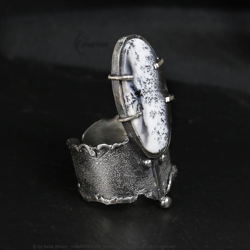 Handcrafted Sterling Silver Ring with Dendritic Opal Artisan Textured Modern Jewelry Gothic Witchy Hammered Trendy Unique Statement Ring