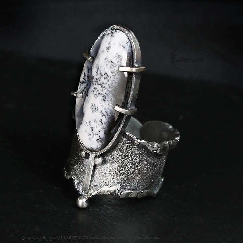 Handcrafted Sterling Silver Ring with Dendritic Opal Artisan Textured Modern Jewelry Gothic Witchy Hammered Trendy Unique Statement Ring