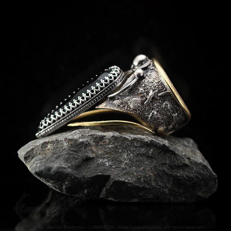 Handcrafted Rustic Brutalist Artisan Textured Modern Faceted Black Onyx Oxidized Silver Brass Gothic Hammered Trendy Jewelry Unique Ring