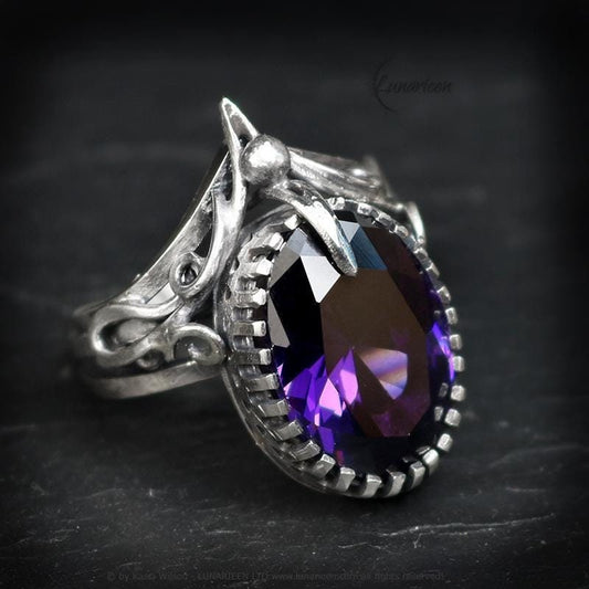 Handcrafted Gothic Style Ring Vampire Artisan Jewelry Oxidized Sterling Silver Witchy Trendy Unique Statement Zirconia Ring for Goth