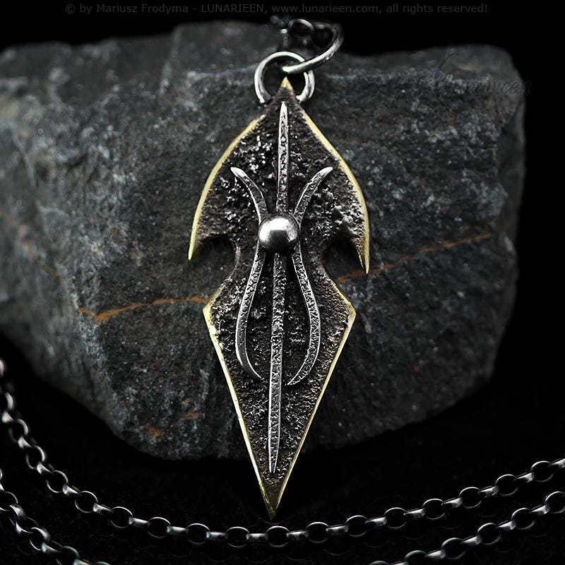 Handcrafted Rustic Hammered Melted Sterling Silver Filled Brass Gothic Brutalist Rugged Oxidized Fancy Shape Arrowhead Shield Unique Pendant