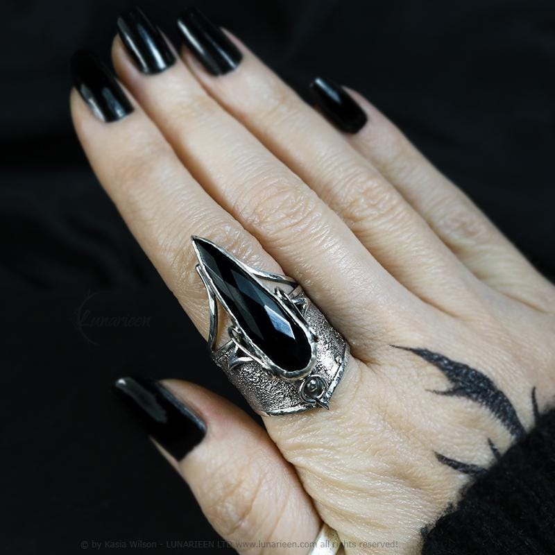 Handcrafted Brutalist Ring Textured Modern Black Onyx Artisan Jewelry Oxidized Sterling Silver Gothic Witchy Trendy Unique Statement Ring