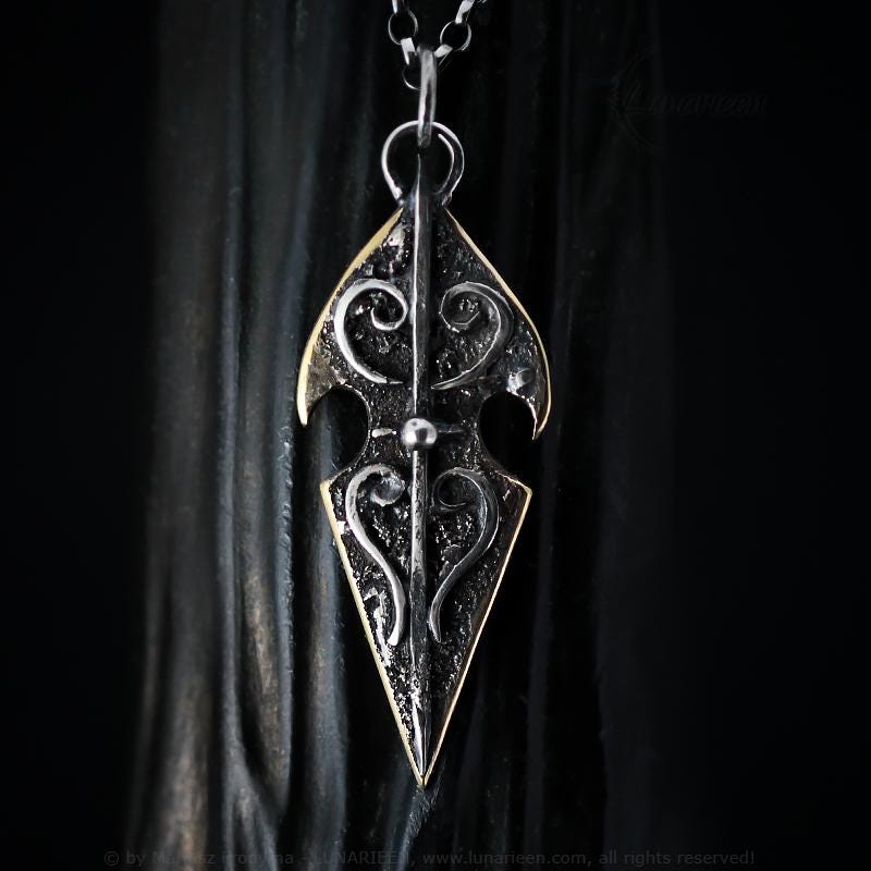 Handcrafted Rustic Hammered Melted Sterling Silver Filled Brass Gothic Brutalist Rugged Oxidized Fancy Shape Arrowhead Shield Unique Pendant