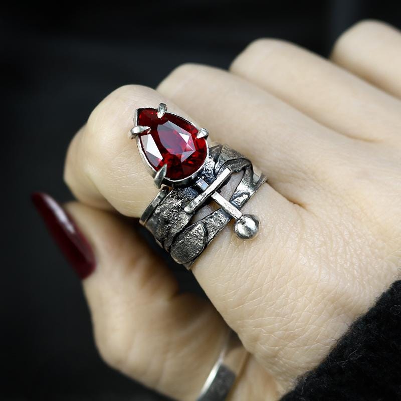 Handcrafted Brutalist Ring Textured Modern Vampire Artisan Jewelry Oxidized Sterling Silver Gothic Witchy Trendy Unique Statement Topaz Ring