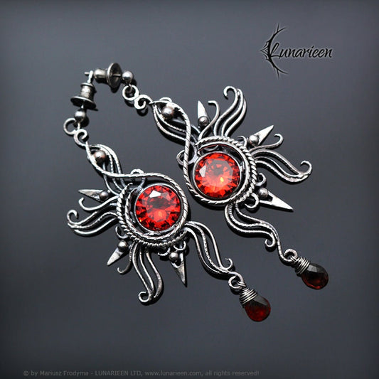 Sterling Silver Wire Wrapped Gothic Filigree Ornate Red Sun Sunrise Large Pair Earrings, Red Cubic Zirconia, Garnet, Unique Gift for Her