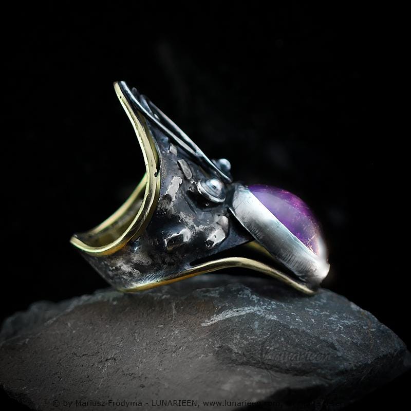 Handcrafted Rustic Brutalist Artisan Textured Purple Amethyst Oxidized Silver Brass Antique Gothic Hammered Trendy Jewelry Unique Ring