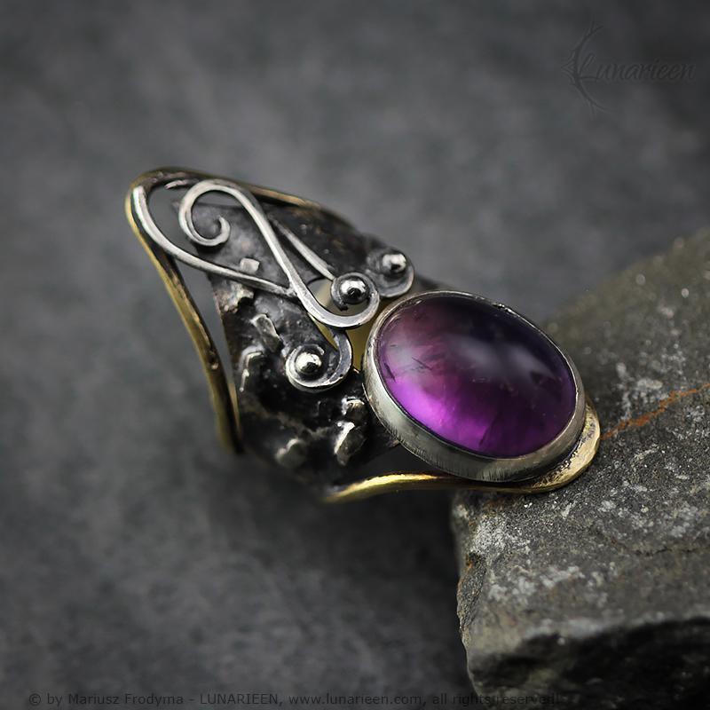 Handcrafted Rustic Brutalist Artisan Textured Purple Amethyst Oxidized Silver Brass Antique Gothic Hammered Trendy Jewelry Unique Ring