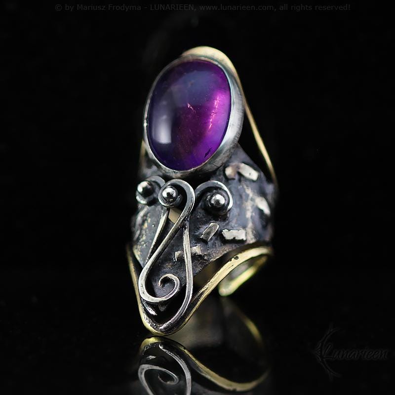 Handcrafted Rustic Brutalist Artisan Textured Purple Amethyst Oxidized Silver Brass Antique Gothic Hammered Trendy Jewelry Unique Ring