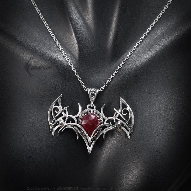 Sterling Silver Vampire Bat Gothic necklace with Ruby Pendant alternative artisan jewellery unique gift fantasy witchy jewelry for vamp